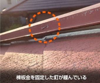棟板を固定した釘が緩んでいる