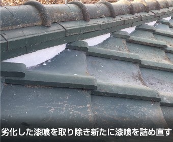 劣化した漆喰を取り除き新たに漆喰を詰め直す