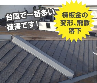 台風被害:棟板金の変形、飛散、落下(台風で一番多い被害)