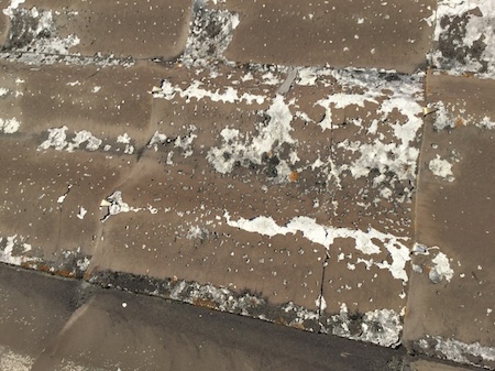  屋根材がバリバリに割れてヒビが入っている危険な状態