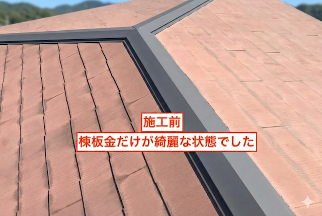 経年劣化で色あせ、ひび割れが発生している施工前のスレート屋根全景