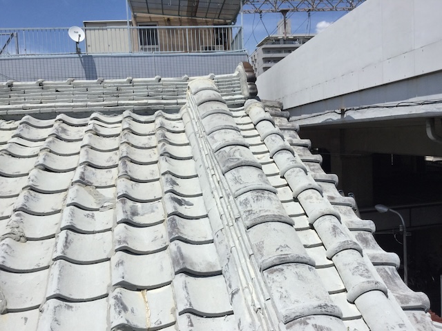 棟瓦まで白く塗装されているが、経年により変色し、まだら模様になっている様子。