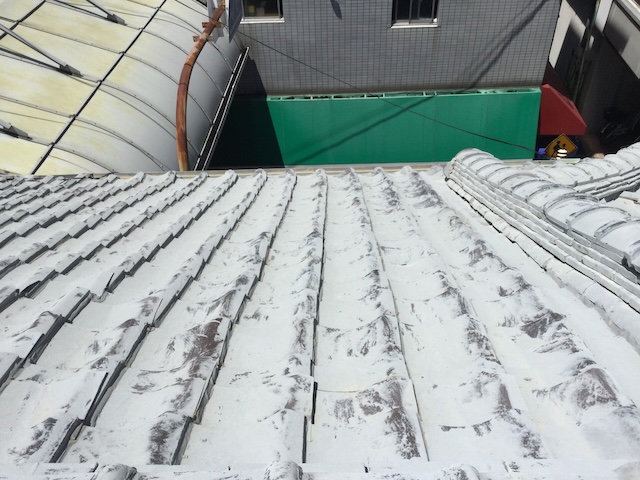 屋根全体が白く塗装されているが、厚塗りと薄塗りの差が激しく、美観回復が必要な状態。