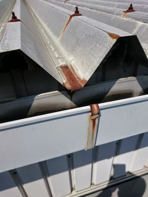 軒先（剣先）の塗膜剥離と腐食：放置すると強風で飛散する危険性