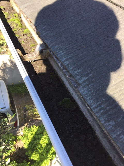 * 雨どい（水を流す溝）に土砂や苔がごっそりと溜まり、完全に詰まっている状態（大阪市平野区） 写真の通り、雨どい内部に大量の土や苔が堆積し、水の通り道を完全に塞いでしまっていました。このままだと、大雨時に行き場を失った水が外へあふれ出す（専門用語でオーバーフロー現象と言います）を起こしてしまいます。