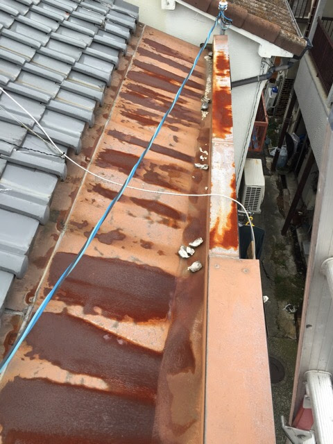 松原市の屋根点検 深刻な板金屋根の赤錆と漆喰の剥がれ 雨漏りリスク