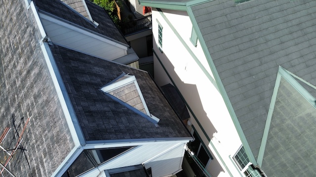 ドーマー（鳩小屋）や谷樋が絡む急勾配で複雑な大阪市福島区の屋根形状