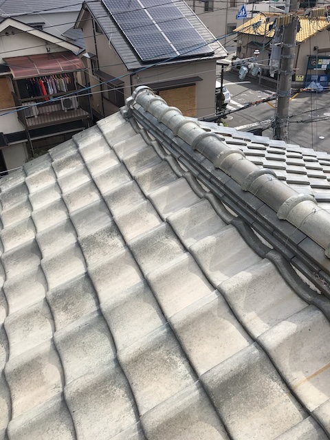 大阪市旭区で棟漆喰点検、棟瓦の下に見えた白い詰め物と漆喰の黒ずみを現地確認
