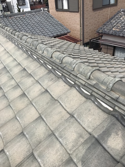隣家側の棟瓦と屋根面