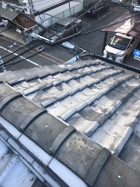 大阪市福島区で瓦屋根の変色を調査、白っぽい色むらと黒ずみ、棟瓦の補修跡を確認
