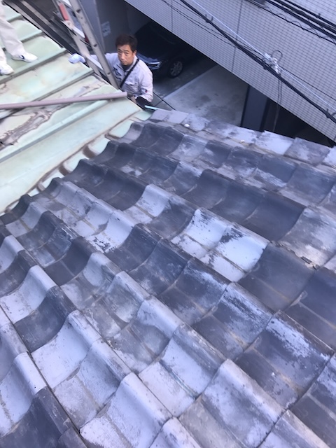 大阪市福島区で古い瓦屋根の連棟を調査、補修跡が点在する屋根の葺き替え判断