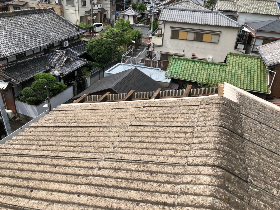 広範囲にわたるスレート屋根の劣化状況を細部まで確認する現地調査の様子